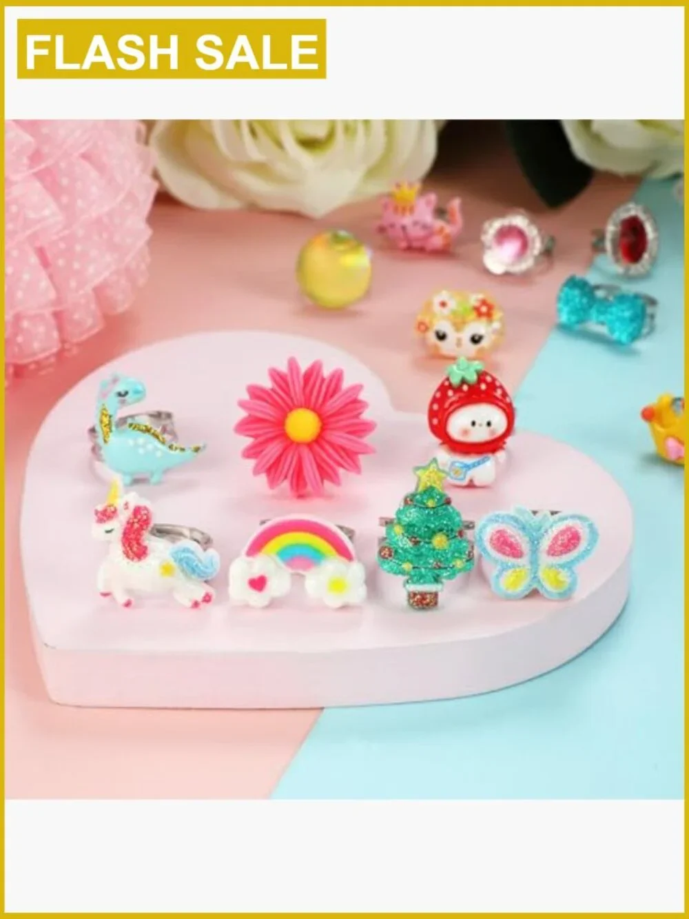 24 Adjustable Dress Up Rings in Gift Box, Pretend Play Jewelry Set